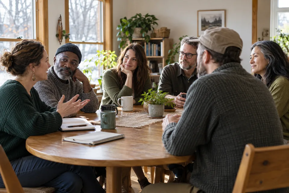 People listening to each other in a small community group.