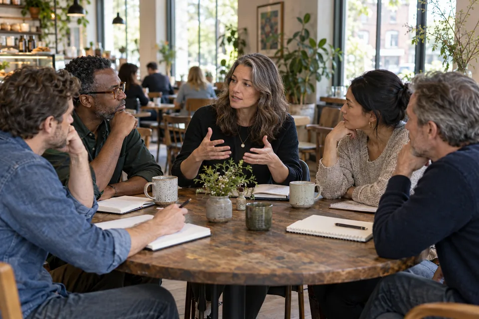 A professional peer group discussing ideas around a cafe table.
