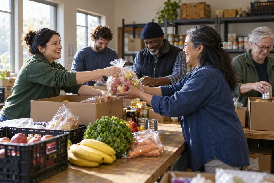 Nonprofit volunteers packing grocery boxes together.